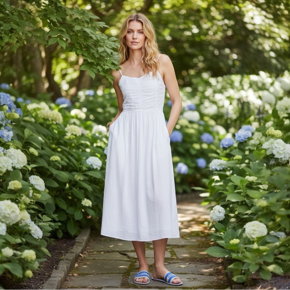 White Midi Sundress with Smocked Bodice